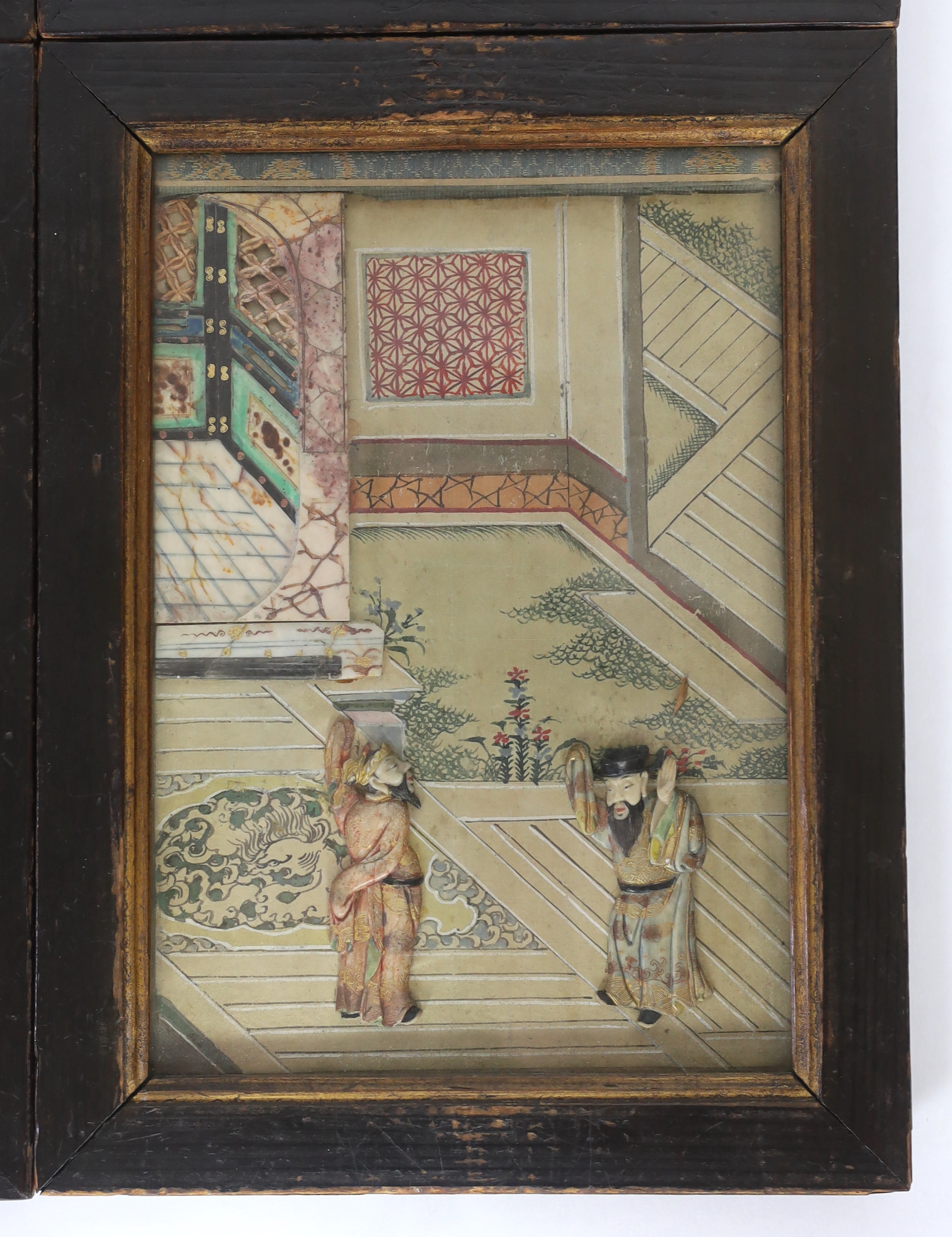 A rare set of four Chinese polychrome soapstone appliqué work painted silk pictures, 18th century